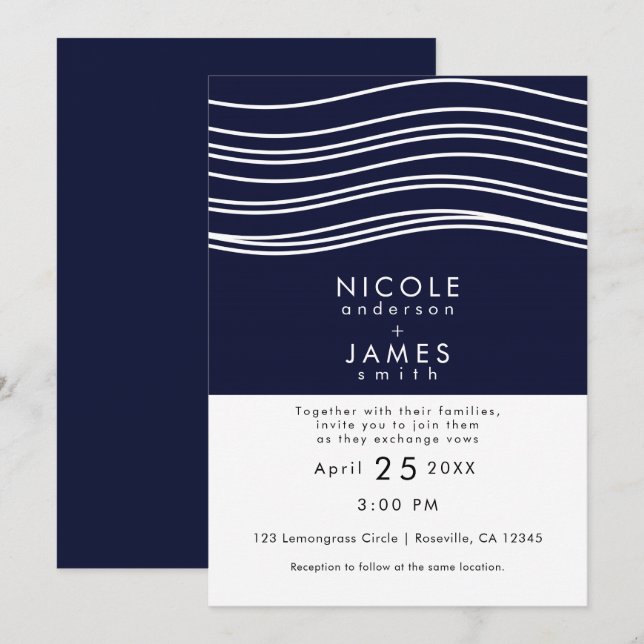 Moderne Hochzeit in Navy Blue & White Wave Einladung (Vorne/Hinten)