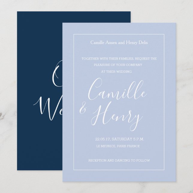 Moderne Hochzeit in Pastellblau Einladung (Vorne/Hinten)