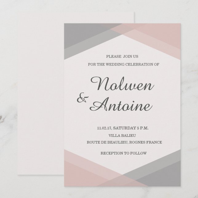 Moderne Hochzeit in Rosa, geometrisch, elegant Einladung (Vorne/Hinten)