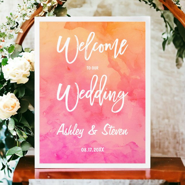 Moderne Hochzeit in Rosa-Orange-Aquarell Poster (Modern pink orange watercolor typography wedding poster)