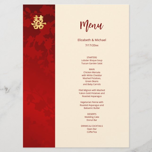 Moderne Hochzeit in Rot-Chinesisch Menükarte (Vorderseite)