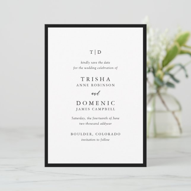 Moderne Hochzeit in Schwarz und Weiß Save The Date (Stehend Vorderseite)