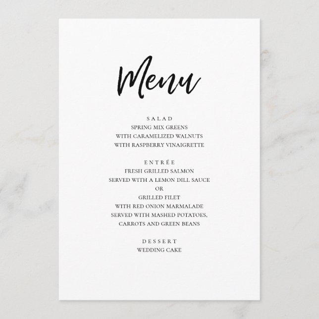 Moderne Hochzeit in Schwarz-Weiß. Einfach minimali Menükarte (Vorderseite)