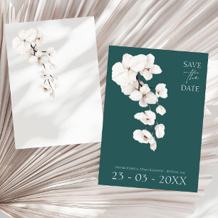 Moderne Hochzeit in Smaragdgrün mit weißen Orchide Save The Date