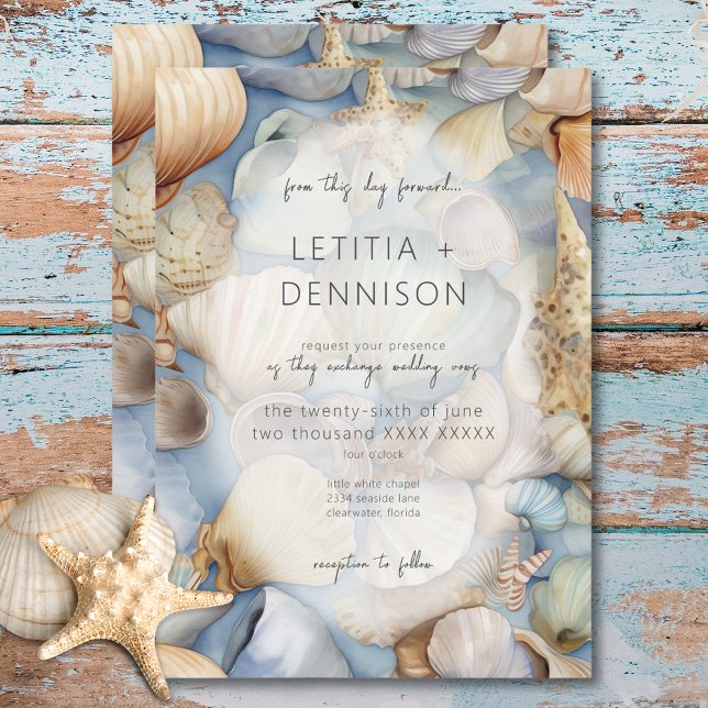 Moderne Hochzeit in tropischen Muscheln Einladung (Tropical Seashells Scene Modern Wedding Invitation)