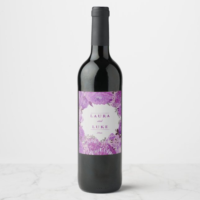 Moderne Hochzeit, Lila Blumen Weinetikett (Vorderseite)