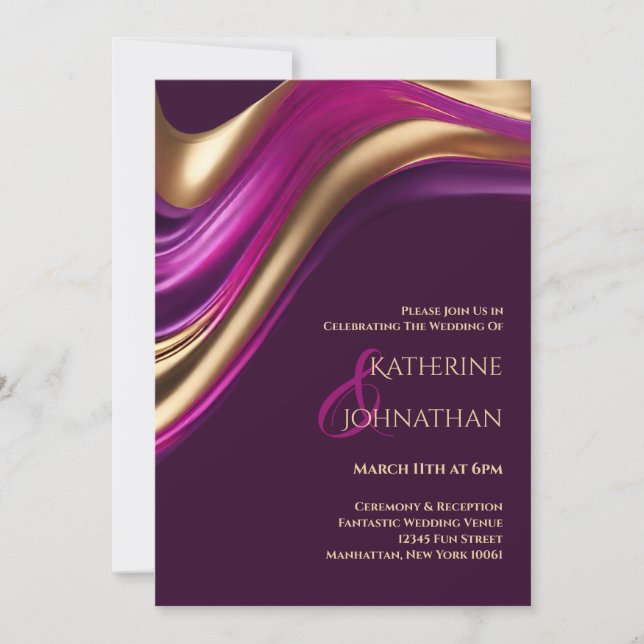 Moderne Hochzeit-Lila Fuchsien und Gold- Einladung (Vorderseite)