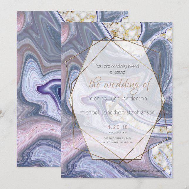 Moderne Hochzeit marbleisierte Lila Rose Agate Einladung (Vorne/Hinten)