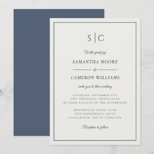 Moderne Hochzeit Minimalistische Monogram Blue Cre Einladung
