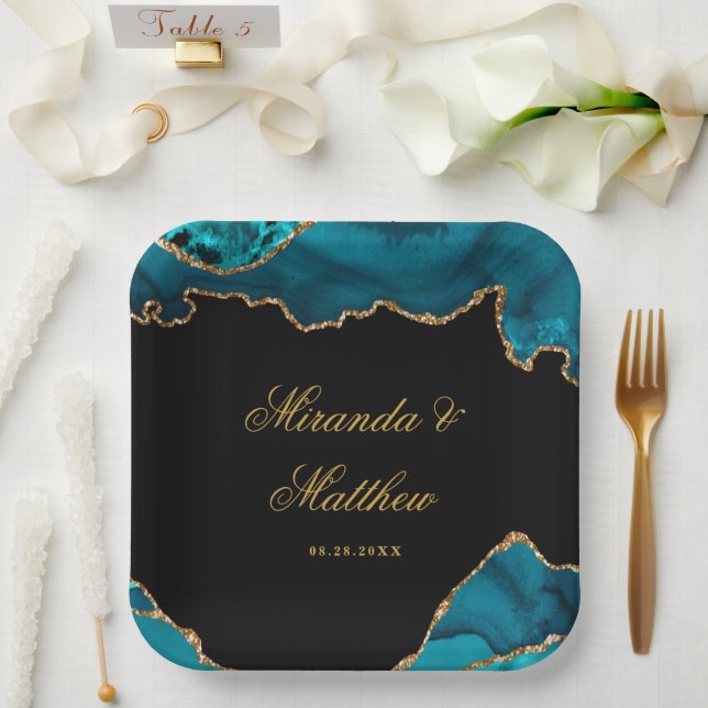 Moderne Hochzeit mit Aquamarinen und goldenen Agat Pappteller (Hochzeit)