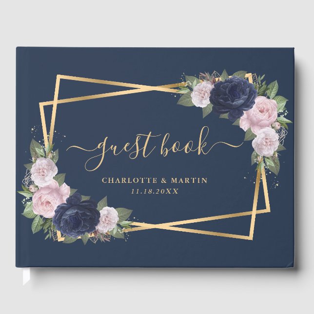 Moderne Hochzeit mit blauem Blush Gold Geometric Gästebuch (Vorderseite)