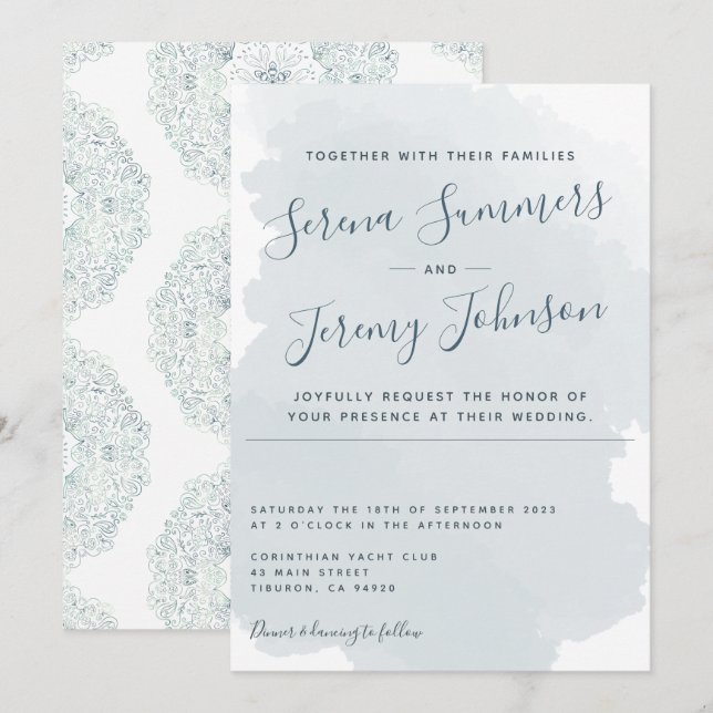 Moderne Hochzeit mit blauem Watercolor Wash Beach Einladung (Vorne/Hinten)