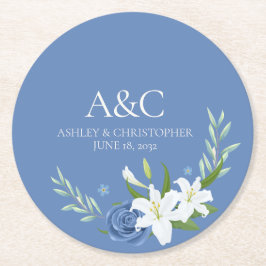 Moderne Hochzeit mit blauer Flora Runder Pappuntersetzer