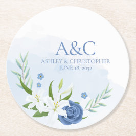Moderne Hochzeit mit blauer Flora Runder Pappuntersetzer