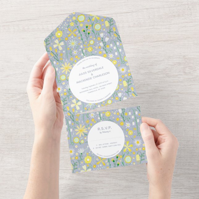 Moderne Hochzeit mit blauer Gelbblüte All In One Einladung (Abreißen)