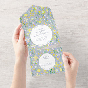 Moderne Hochzeit mit blauer Gelbblüte All In One Einladung