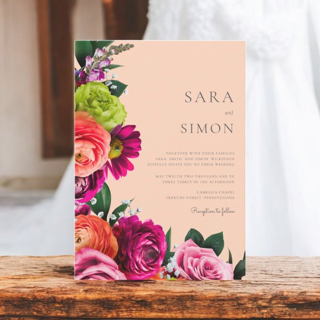 Moderne Hochzeit mit Blumen Einladung (vibrant florals on a light pink background wedding invitation 
)