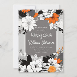 Moderne Hochzeit mit Blumen in Schwarz, Weiß, Oran Einladung