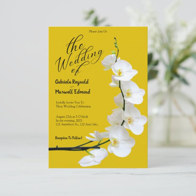 Moderne Hochzeit mit Blumengelb und weißen Orchide Einladung (Stehend Vorderseite)