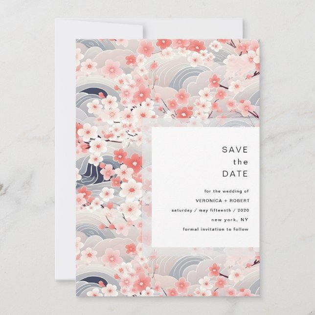 Moderne Hochzeit mit Blush Waves Sakura Blüten Save The Date (Vorderseite)