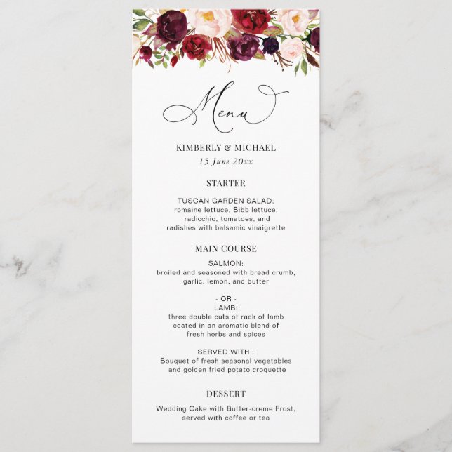 Moderne Hochzeit mit Burgund und Blütenblättern Menükarte (Vorderseite)