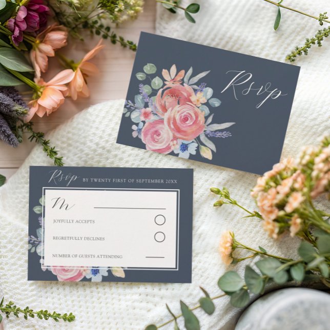 Moderne Hochzeit mit dunkelblauer Rose RSVP Karte (Von Creator hochgeladen)