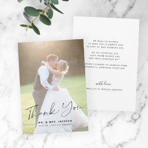Moderne Hochzeit mit einfachem Skript-Foto Dankeskarte