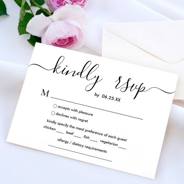 Moderne Hochzeit mit elegantem Skript- und Speisea RSVP Karte (Von Creator hochgeladen)