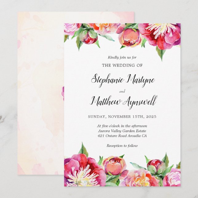 Moderne Hochzeit mit floralen Korallenbäumen Einladung (Vorne/Hinten)