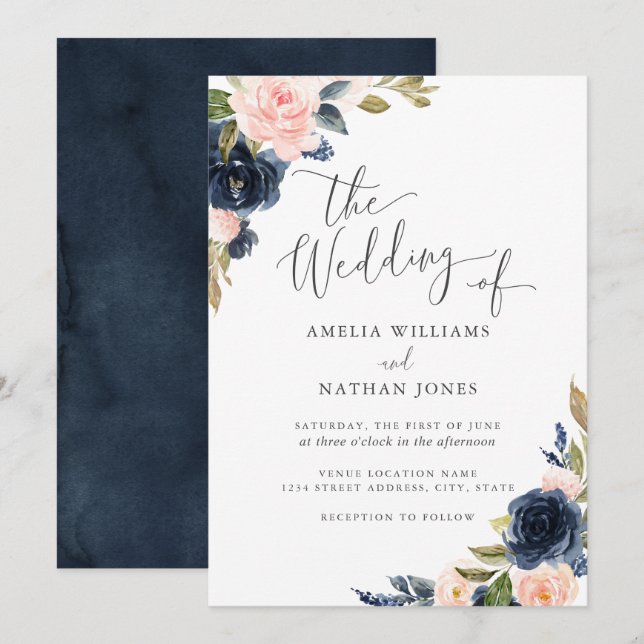 Moderne Hochzeit mit floralen Navy-Blush Einladung (Vorne/Hinten)