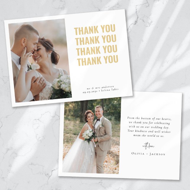 Moderne Hochzeit mit Gold-Wiederholung von Fotos Dankeskarte (Von Creator hochgeladen)