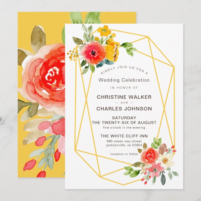 Moderne Hochzeit mit goldener Geometrie Einladung (Vorne/Hinten)