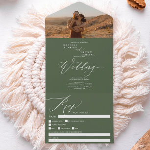 Moderne Hochzeit mit grünem Foto und schicker Kall All In One Einladung