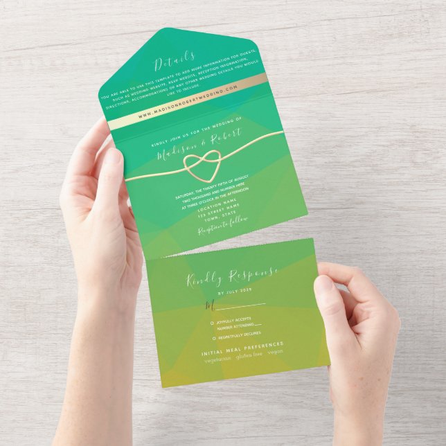 Moderne Hochzeit mit grünen Papieren All In One Einladung (Abreißen)