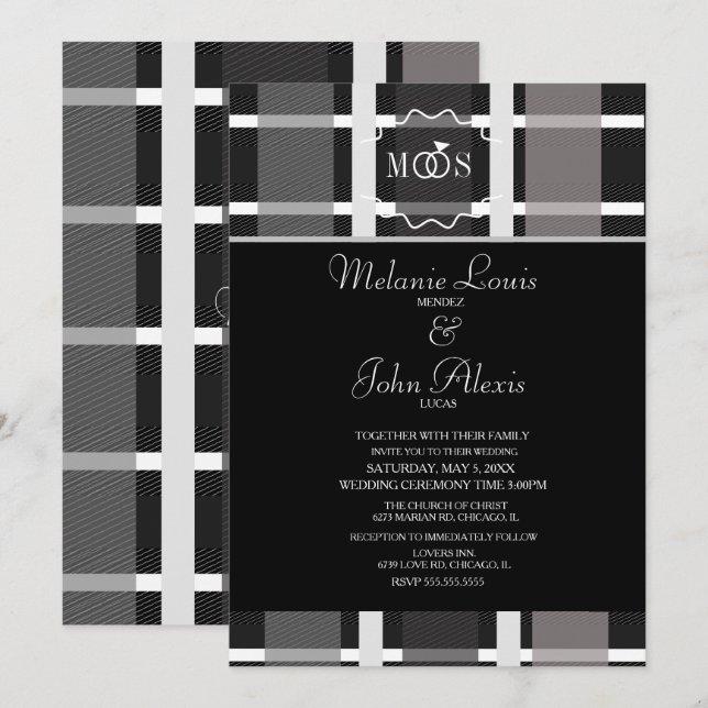 Moderne Hochzeit mit Kariert-grauem Schwarz-weißem Einladung (Vorne/Hinten)