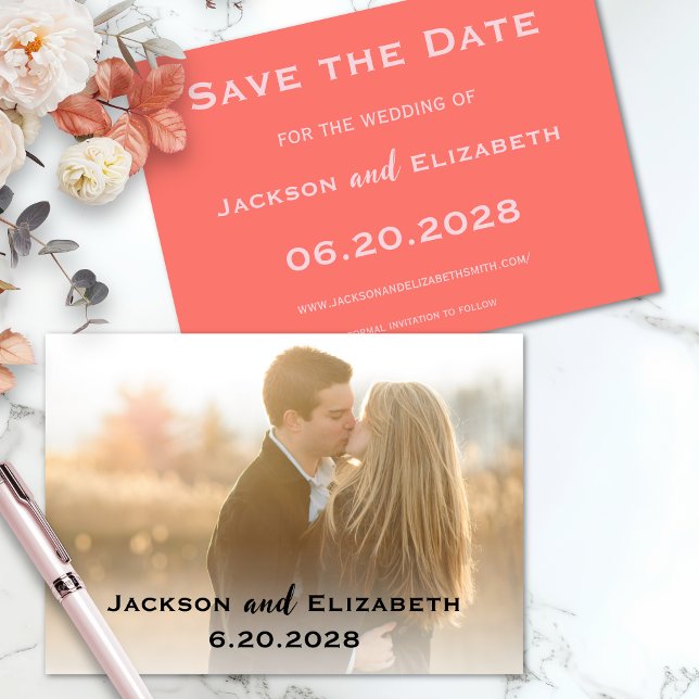 Moderne Hochzeit mit Korallen und rosa Foto Save The Date (Photo Wedding Save the Date in Coral and Pink)