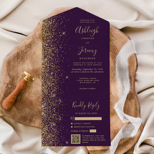 Moderne Hochzeit mit lila-goldenen Glitter-QR-Code All In One Einladung
