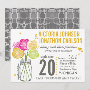 Moderne Hochzeit mit Pink und Gelb Rose Typografie Einladung