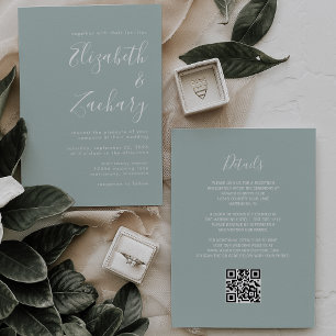 Moderne Hochzeit mit QR-Code in Sea Glass Grün Einladung