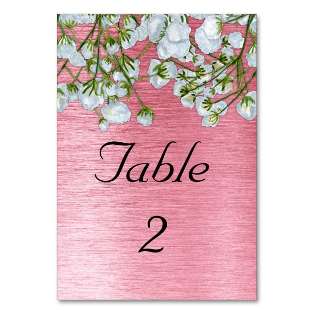 Moderne Hochzeit mit rosa Metallen und weißen Rose Tischnummer (Vorderseite)