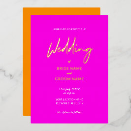Moderne Hochzeit mit rosa Orange Script Folieneinladung