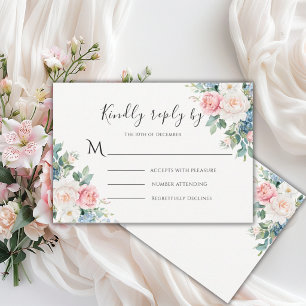 Moderne Hochzeit mit rosa und blauen Blumen RSVP Karte