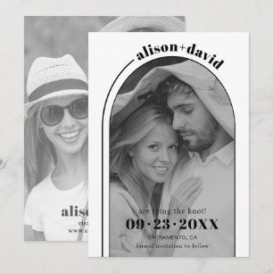 Moderne Hochzeit mit Schwarz-weißem Bogen und Foto Save The Date