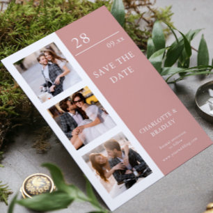 Moderne Hochzeit mit vier Fotos in Rosa und Weiß Save The Date