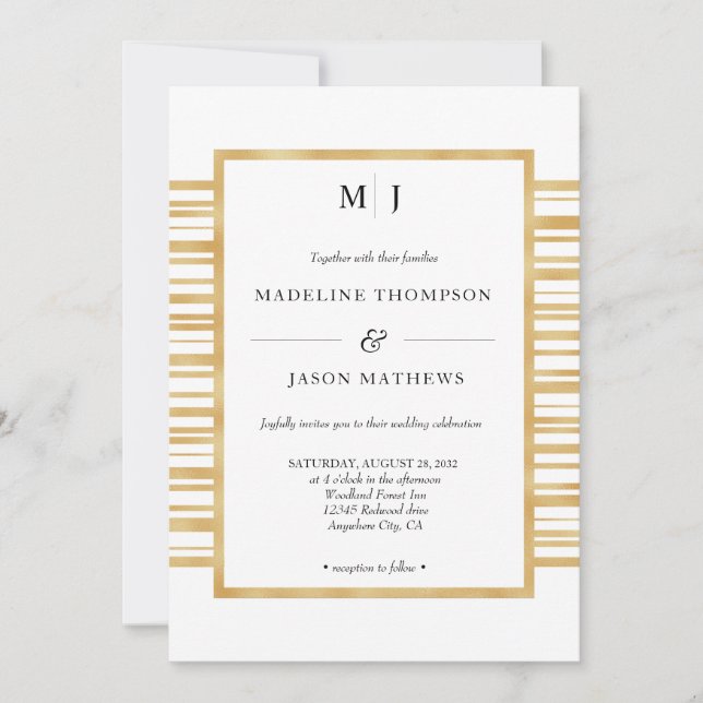 Moderne Hochzeit mit weißem Goldstreifen aus Elfen Einladung (Vorderseite)