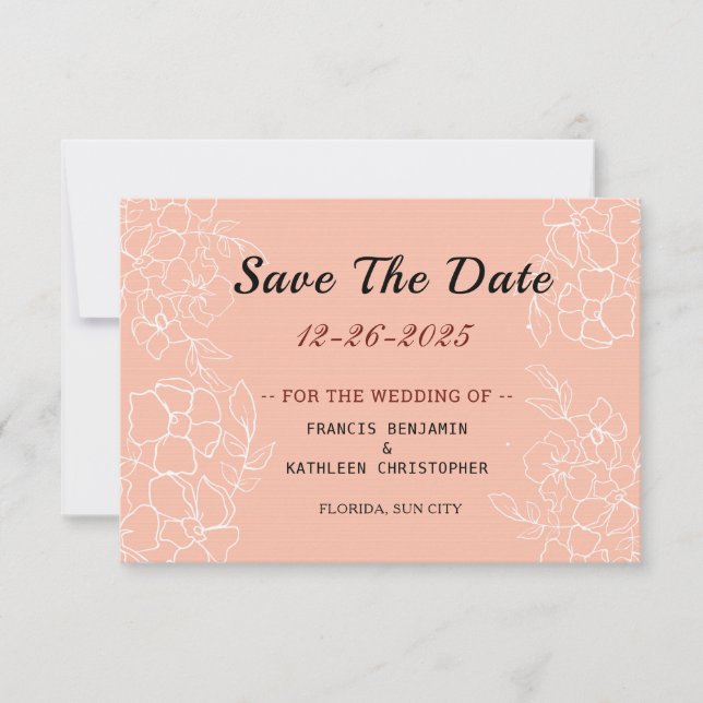 Moderne Hochzeit mit weißer Blüte aus Korallen Save The Date (Vorderseite)