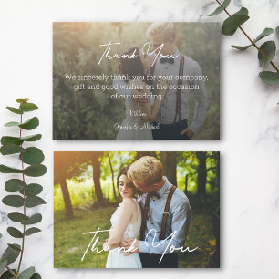 Moderne Hochzeit mit weißer Schrift 2 Fotos Dankeskarte