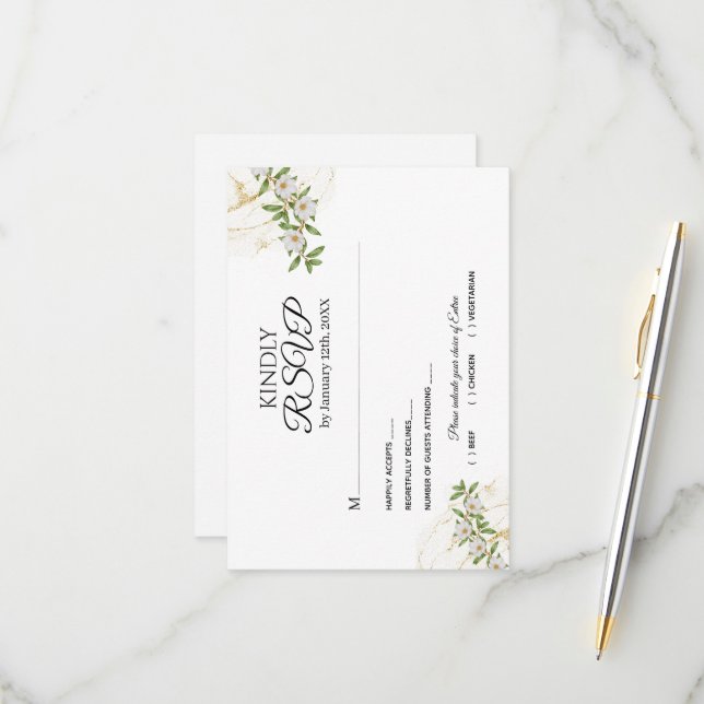 Moderne Hochzeit mit weißer und grüner Wasserfarbe RSVP Karte (Vorderseite/Rückseite Beispiel)