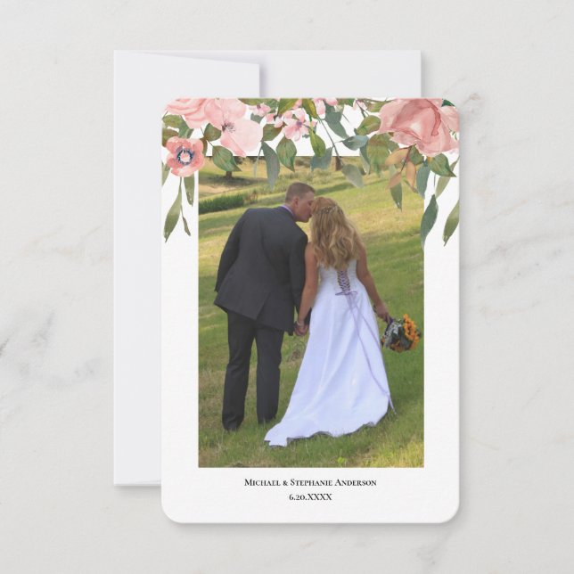 Moderne Hochzeit mit zwei Fotos Blush Rose Dankeskarte (Vorderseite)