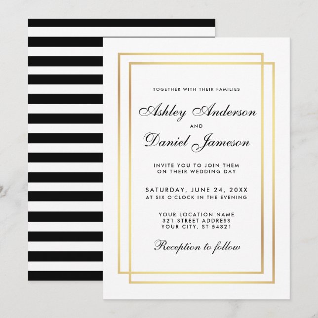 Moderne Hochzeit Schwarz-weiß gestreift laden ein Einladung (Vorne/Hinten)